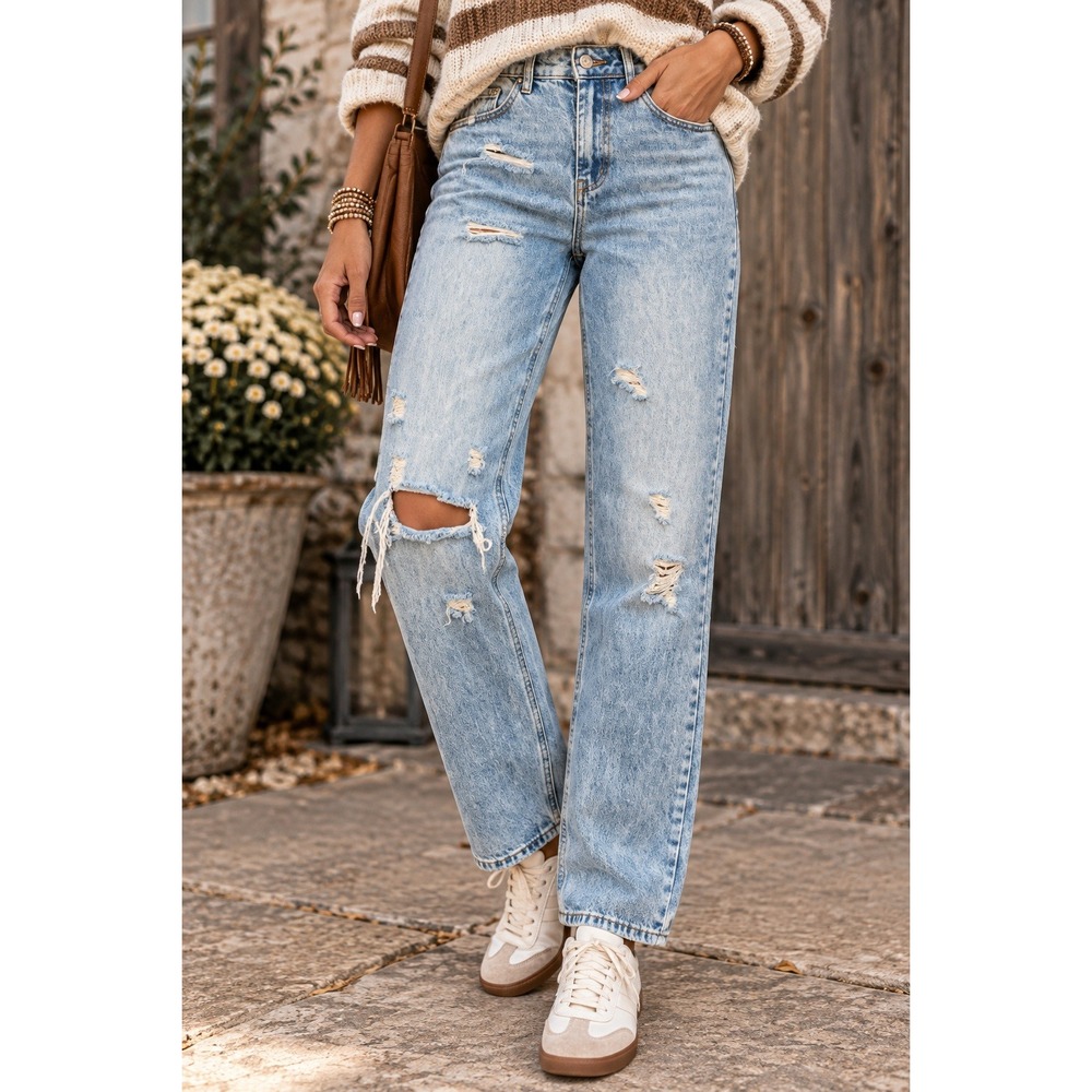 Fashion Jeans Wear Womens Light Acid Wash Distressed High Rise Straight Jeans